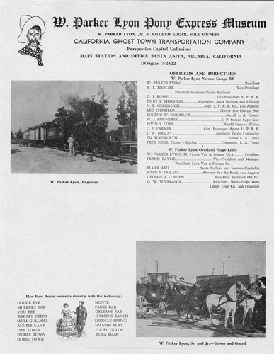Two-sided flyer from the William Parker Lyon Pony Express Museum, California Ghost Town Transportation Company