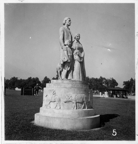 Statue of Hugo Reid family at Arcadia County Park c. 1937