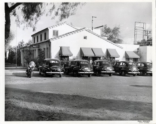 Police Cars and Motorcycle Parked at Arcadia Police Headquarters