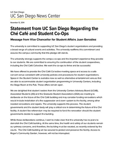 Statement from UC San Diego Regarding the Ché Café and Student Co-Ops