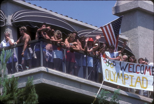 [1984 Olympics Cycling Road Race spectators on balcony slide]