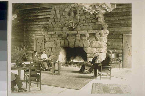 [People in lobby, unidentified lodge. Monterey County.]