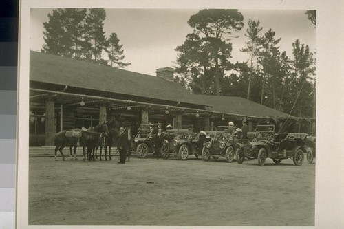 [Automobiles and horses at unidentified lodge. Monterey County.]