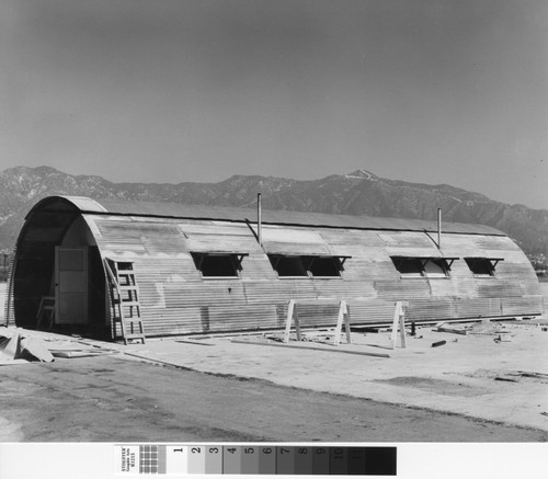 Photograph of Quonset hut construction at Rodger Young Village in Los Angeles, California