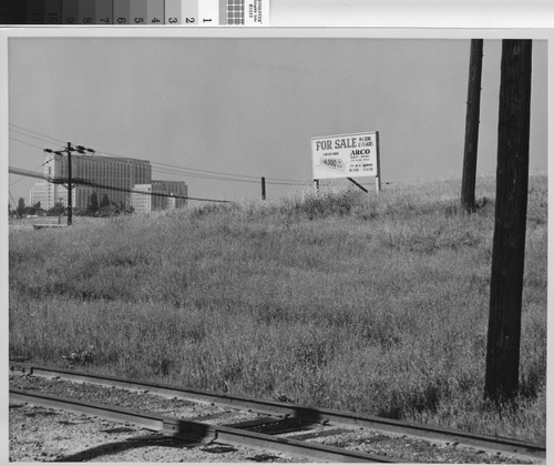 Photograph of a "For Sale" sign posted on parcel of vacant land