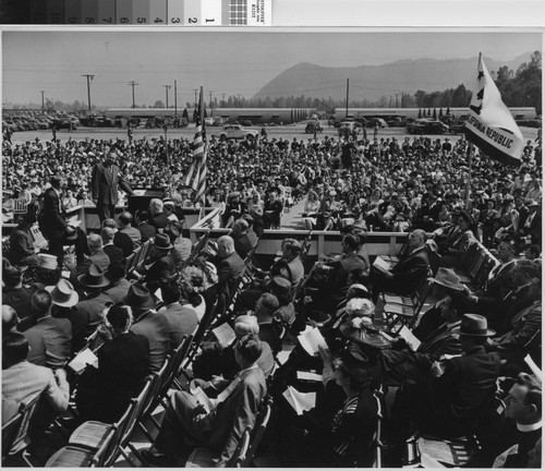 Photograph of crowd at dedication of Rodger Young Village