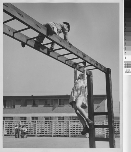 Photograph of two children playing on monkey bars