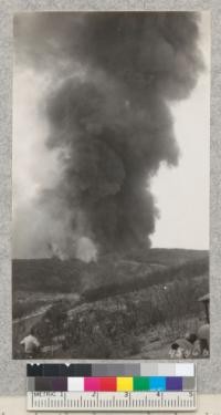 Fire in the dense chamise brush fields at Pardee Reservoir site, Calaveras County, September, 1928. Fire ran well up hill but would not travel on the level. Metcalf