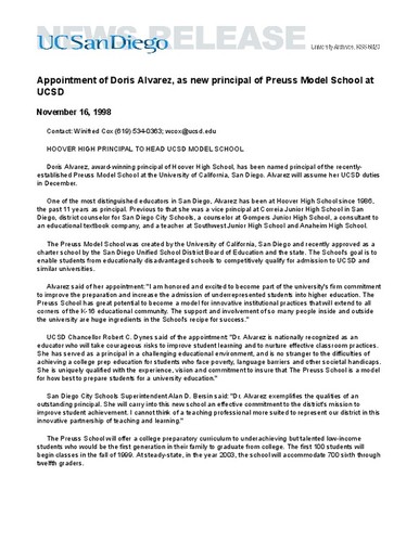 Appointment of Doris Alvarez, as new principal of Preuss Model School at UCSD