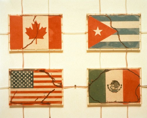 America: detail of the "flags" of Canada, the United States, Cuba and Mexico with ants removing sand from each