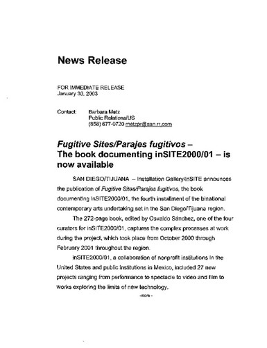 News Release: "Fugitive Sites/Parajes fugitivos" - The book documenting inSITE2000/01 - is now available