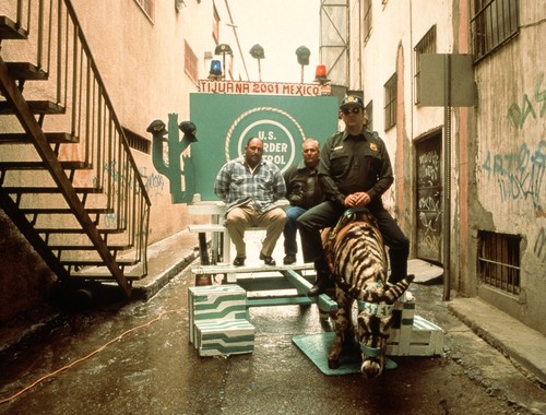 Avenida Revolución: "Border Patrol agent" (Meyer Vaisman) on mule painted to look like a zebra