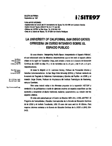 Boletín de prensa: La University of California, San Diego (UCSD) ofrecera un curso intensive sobre el espacia publico