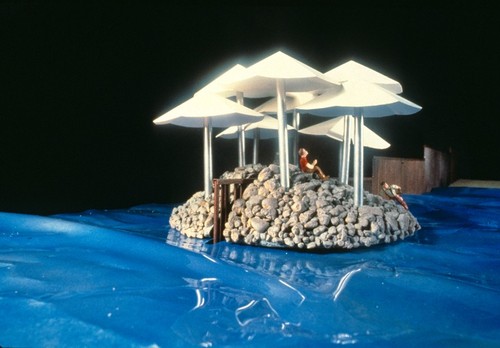 Island on the Fence: view of proposal model: floating island with border fence in background