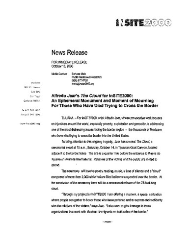 News Release: Alfredo Jaar's "The Cloud" for inSITE2000: An Ephemeral Monument and Moment of Mourning For Those Who Have Died Trying to Cross the Border