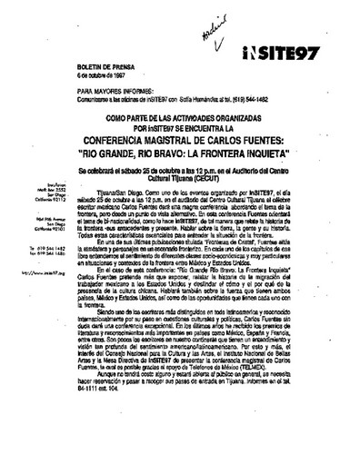 Boletín de prensa: Conferencia magistral de Carlos Fuentes: "Rio Grande, Rio Bravo: La frontera inquieta"