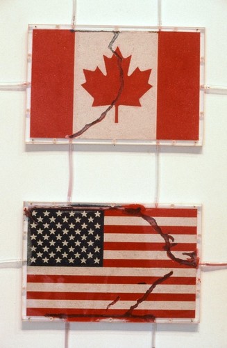 America: detail of Canadian and United States "flags"