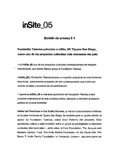 Boletín de prensa #4: Fundación Televisa patrocina a inSite_05/Tijuana-San Diego, como uno de los proyectos culturales más relevantes del país