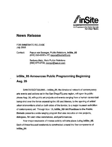 News Release: inSite_05 Announces Public Programming Beginning Aug. 28