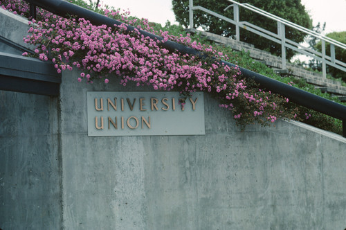 Slide of University Union sign on side of building with flowers