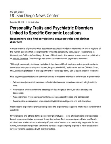 Personality Traits and Psychiatric Disorders Linked to Specific Genomic Locations