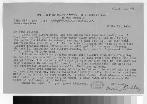 Letter, 1943 Sept. 29, Chicago, Ill. to Estelle Ishigo, Heart Mountain, Wyo