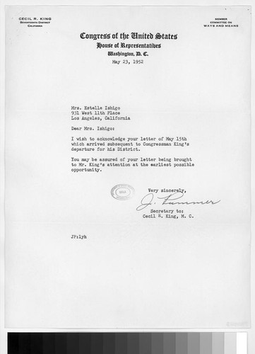 Letter, 1952 May 23, Washington, D.C. to Mrs. Estelle Ishigo, Los Angeles, Calif