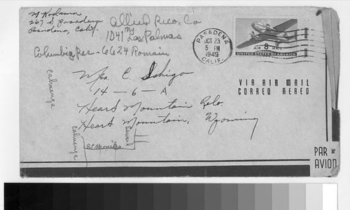 Letter, 1945 October 22, Pasadena, Calif. to Mrs. Estelle Ishigo, Heart Mountain, Wyo