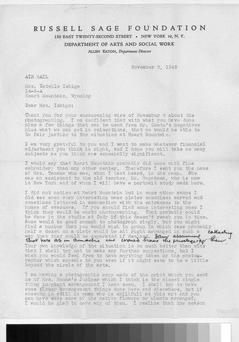 Letter, 1945 November 2, New York, N.Y. to Mrs. Estelle Ishigo, Heart Mountain, Wyoming