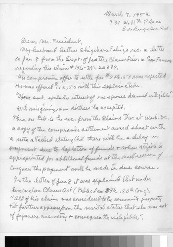 Letter, 1952 March 7, Los Angeles, Calif. to President Truman