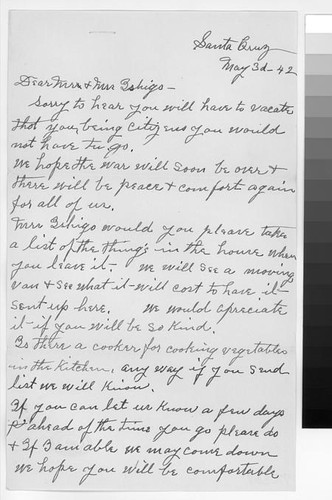 Letter, 1942 May 3, Santa Cruz, Calif. to Mr. & Mrs. Ishigo, Los Angeles, Calif