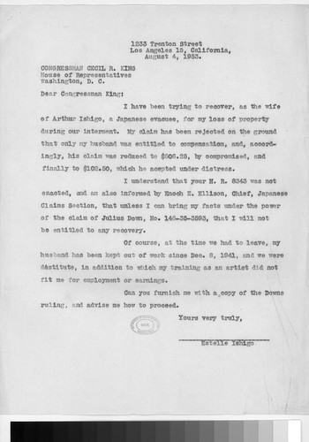 Letter, 1953 Aug. 4, Los Angeles, Calif. to Congressman Cecil R. King, Washington, D.C