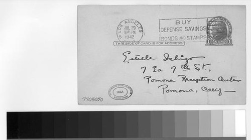 Postcard, 1942 July 29, Los Angeles, Calif. to Estelle Ishigo, Pomona Reception Center, Pomona, Calif