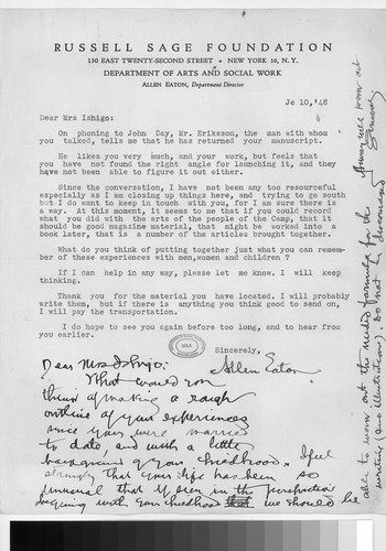 Letter, 1948 June 10, New York, N.Y. to Mrs. Ishigo