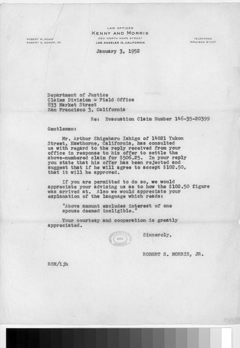 Letter, 1952 January 8, Los Angeles, Calif. to Mr. Arthur Ishigo, Hawthorne, Calif