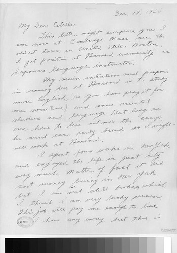 Letter, 1944 December 18, Cambridge, Mass. to Estelle Ishigo, Heart Moutain, Wyo