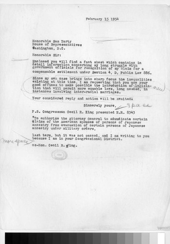 Letter, 1954 February 15 to Hon. Sam Yorty, Washington, D.C