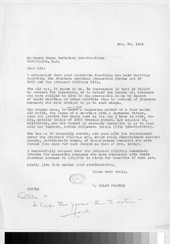 Letter, 1954 Nov. 29, to Chairman, House Judiciary Sub-Committee, Washington, D.C