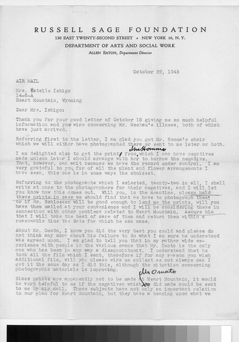 Letter, 1945 October 22, New York, N.Y. to Mrs. Estelle Ishigo, Heart Mountain, Wyo
