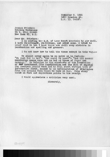 Letter, 1955 November 9, Los Angeles, Calif. to Joseph Friedman, New York, N.Y