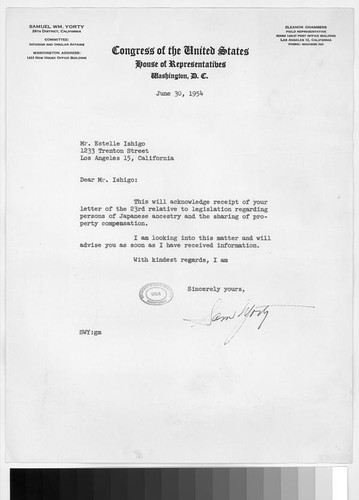 Letter, 1954 June 30, Washington, D.C. to Mrs. Estelle Ishigo, Los Angeles, Calif