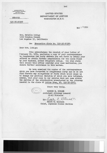 Letter, 1954 March 19, Washington, D.C. to Mrs. Estelle Ishigo, Los Angeles, Calif