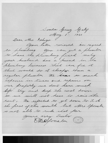 Letter, 1941 May 1, Santa Cruz, Calif. to Mrs. Ishigo, Los Angeles, Calif