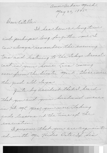 Letter, 1945 May 26, Ann Arbor, Mich. to Mrs. Estelle Ishigo, Heart Mt. Wyo