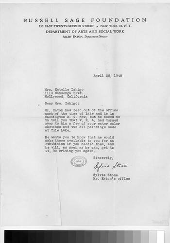 Letter, 1946 April 26, New York, N.Y. to Mrs. Estelle Ishigo, Hollywood, Calif