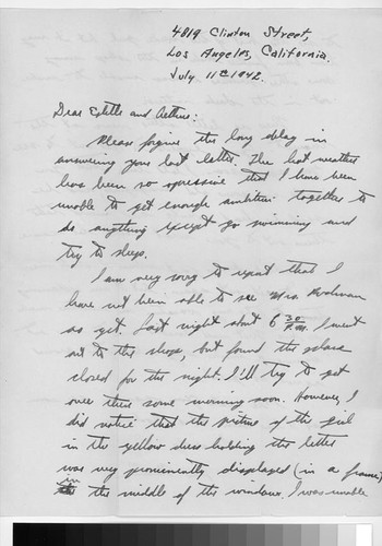 Letter, 1942 July 11, Los Angeles, Calif. to Mr. and Mrs. Arthur Ishigo, Pomona Reception Center, Pomona, Calif