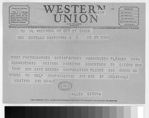 Telegram, 1945 October 27, to Mrs. Estelle Ishigo, Heart Mountain, Wyo