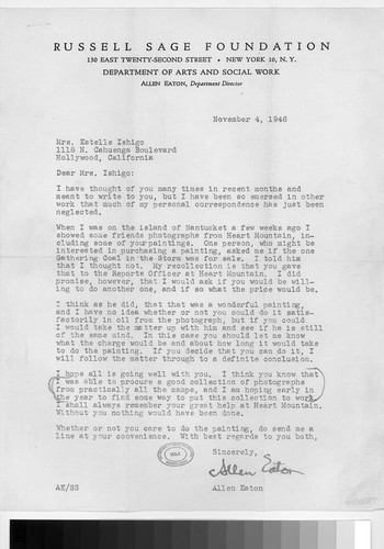 Letter, 1946 November 4, New York, N.Y. to Mrs. Estelle Ishigo, Hollywood, Calif