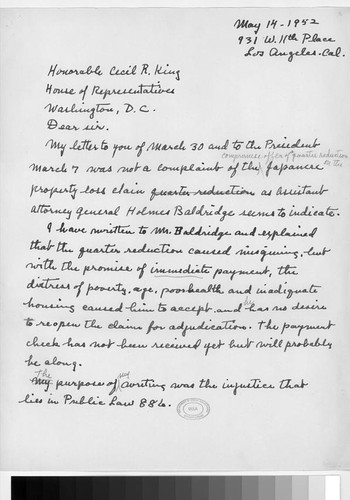 Letter, 1952 May 14, Los Angeles, Calif. to Honorable Cecil R. King, Washington, D.C