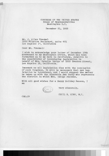 Letter, 1953 December 21, Washington, D.C. to Mr. J. Allan Frankel, Los Angeles, Calif